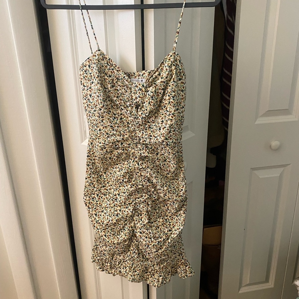 Zara Cream Floral Print Mini Dress with Brown & Green Accents